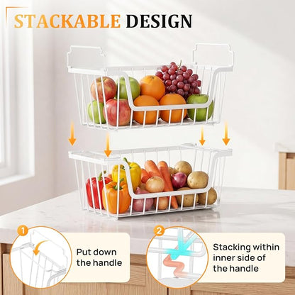 SUNALLY Stackable Storage Bins 4 Pcs Wire Baskets for Pantry Organizers and Storage, Vegetable Fruit Storage Basket for Countertop Organizer,Kitchen Baskets for Onion Potato Snack Cans Storage,White
