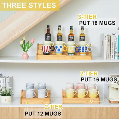 Hongtamoya 3-Tier Expandable Bamboo Mug Holder For Countertop Coffee Cup Holder Display Mug Organizer Mug Rack for Coffee Bar Organizer Mug Shelf for Cabinet for Kitchen, Home