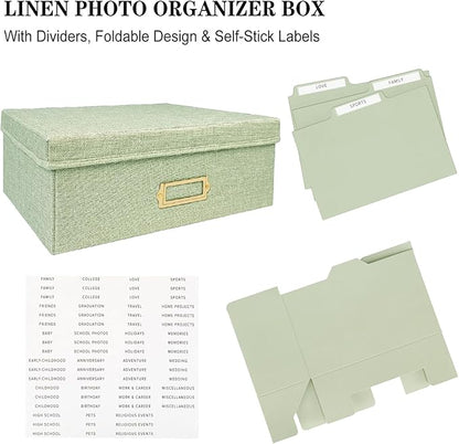 Sprsthai Linen Photo Storage Box – Holds 1700 Photos, 24 Adjustable Dividers & 72 Labels Multi-Use Organizer for Photos, Envelopes, Recipes Beige