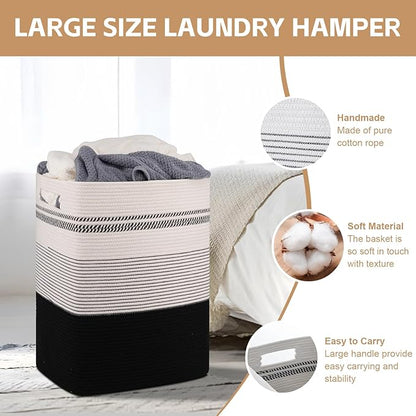 Laundry Hamper, Large Woven Rope Tall Laundry Basket with Handles, 22" X 17" X 13", Decorative Storage Basket for Clothes and Blankets in Living room, Bedroom, Black& White