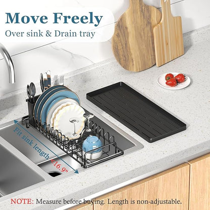 Compact Small Dish Rack Sink Drying Rack with Silicone Mat, Stainless Steel Dish Drainer for Kitchen Cabinet, Kitchen Sink Rack,Dish Holder, Black