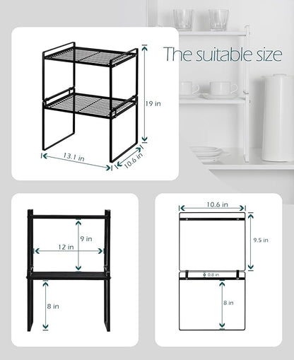 Shantton 2Pack Kitchen Cabinet Shelf Counter Organizer Rack Pantry Storage Bathroom Bedroom Office Table Desk Space Saving Stackable Rust Resistant Non Slip Black Tall Wide L13.1in W10.6in H9.5in