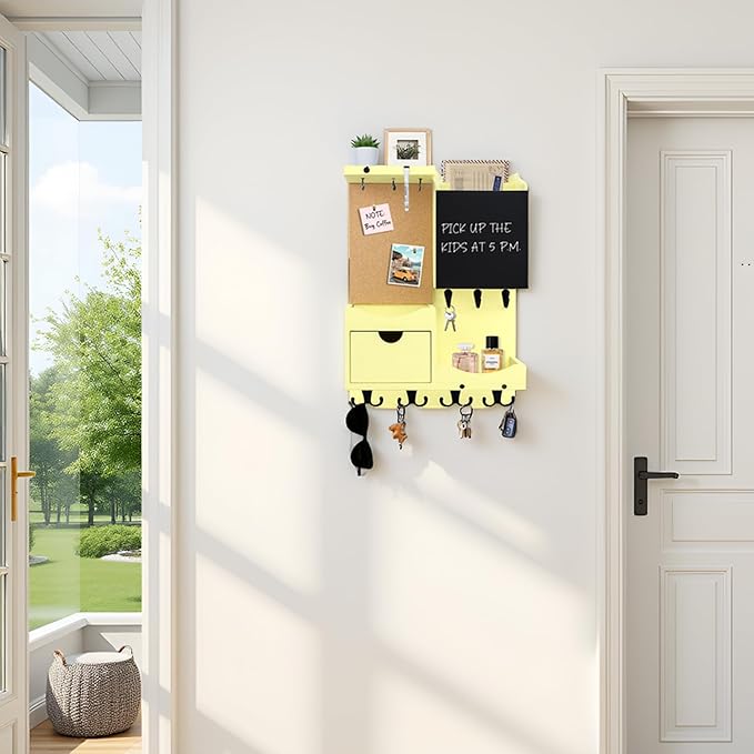 Key Holder Wall Mount， Mail Organizer Key Holder for Wall with Shelf, Drawer, Chalkboard, Corkboard, Home Decor Wall Mounted for Room Entryway (Ivory Yellow)