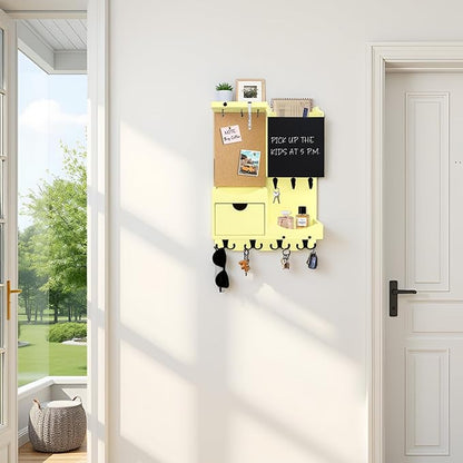 Key Holder Wall Mount， Mail Organizer Key Holder for Wall with Shelf, Drawer, Chalkboard, Corkboard, Home Decor Wall Mounted for Room Entryway (Ivory Yellow)