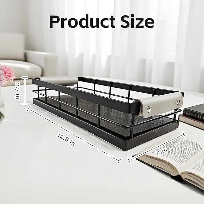 Toilet Paper Storage Basket, 13 Inch Wood and Iron Toilet Tank Basket with Grip for Bathroom Tank Topper, Fragrance Cosmetics toiletries Bath Bottles Counter Decoration Tray (Black)