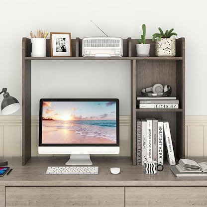 Desk Hutch, Desktop Shelf with 5 Shelves, Desk Bookshelf w/Anti-Toppling Devices, Wood Table Top Bookshelf Organizer, Small Desk Shelf for Study, Office, Dorm (Grey, 5 Shelves)