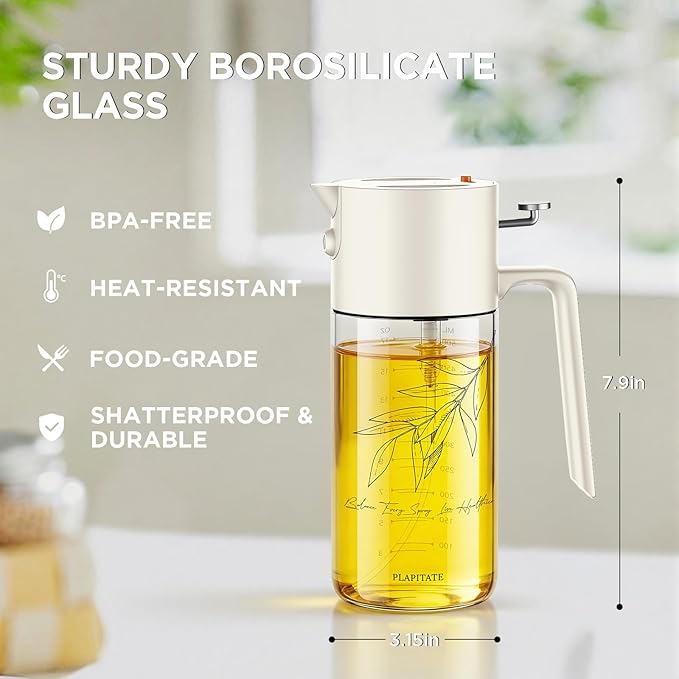 17oz/500ml Premium Olive Oil Sprayer for Cooking, 2 in 1 Glass Olive Oil Dispenser Bottle for Kitchen Gadgets, Spray Bottle with Portion Control for Salad, Frying, BBQ (White)