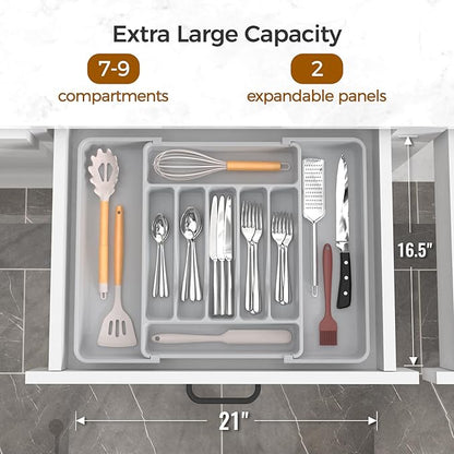 ukeetap Extra Large Expandable Silverware Organizer, BPA-Free Food-Safe Cutlery Flatware Organizer, Kitchen Utensil Drawer Organizer, Adjustable Silverware Holder for Spoons Forks Knives, Gray