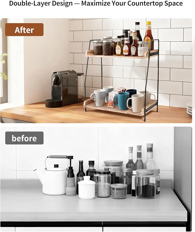 Coffee Bar Organizer for Countertop, 2-Tier Coffee Station Organizer with Metal Frame & Wooden Shelves, Coffee Accessories Organizer Rack for Pods, Syrups, Cups & Tea Bags (Brown)