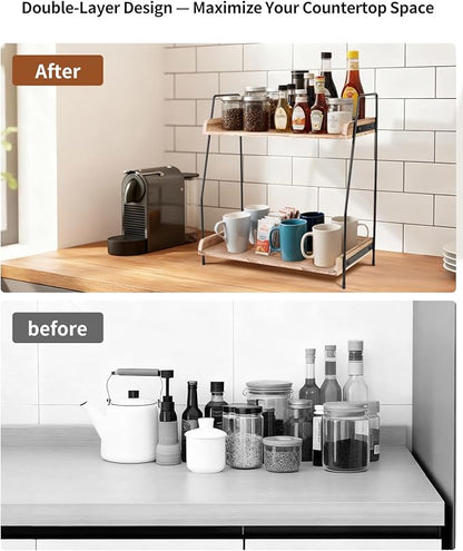Coffee Bar Organizer for Countertop, 2-Tier Coffee Station Organizer with Metal Frame & Wooden Shelves, Coffee Accessories Organizer Rack for Pods, Syrups, Cups & Tea Bags (Brown)