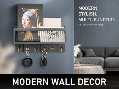 Rebee Vision Decorative Key and Mail Holder for Wall: Farmhouse Wall Mount Sorter with Storage Basket and 6 Retro Key Hooks - Wooden Mail Holder for Office, Appartment, Home Decor (Modern Black)