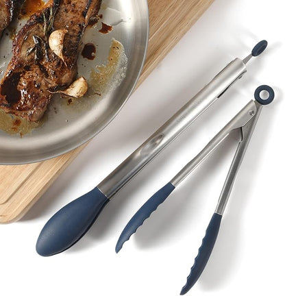 Calphalon Edge 2 Piece Stainless Steel Kitchen Tongs Set W/Silicone Heads - Navy Blue