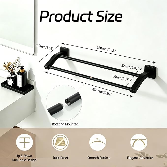 Alise Double Towel Bar, 24 Inch Towel Rack for Bathroom Wall Mounted, SUS304 Stainless Steel Bathroom Towel Holder Joining Process Towel Rail for Bathroom,Matte Black