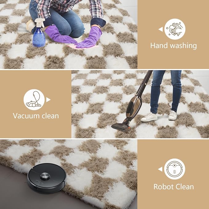 Large Shag Area Rug for Bedroom, 9x12 Ft Beige and White Area Rug Classic Checkered Shaggy Anti-Skid High Pile Soft Fluffy Rug Fuzzy Carpet for Living Room Dorm Home Decor