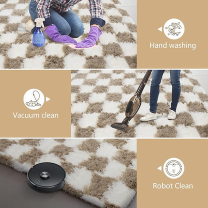 Large Shag Area Rug for Bedroom, 9x12 Ft Beige and White Area Rug Classic Checkered Shaggy Anti-Skid High Pile Soft Fluffy Rug Fuzzy Carpet for Living Room Dorm Home Decor