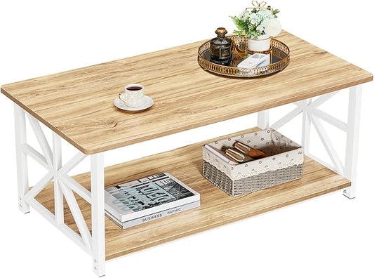 GreenForest Coffee Table with Round Corner, Farmhouse Center Table with 2-Tier Storage Shelf X-Frame Design for Living Room, 39 inch Oak