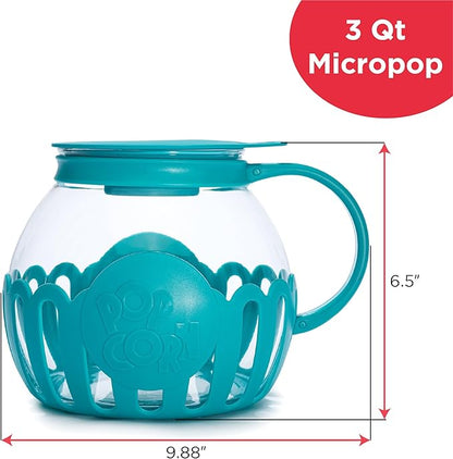 Ecolution Patented Micro-Pop Microwave Popcorn Popper with Temperature Safe Glass, 3-in-1 Lid Measures Kernels and Melts Butter, Made Without BPA, Dishwasher Safe, 3-Quart, Teal