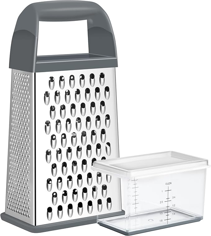 Urbanstrive Cheese Grater With Container, Professional Cheese Grater with Handle, Stainless Steel Graters for Kitchen Handheld, Box Grater with 4 Sides for Vegetables, Ginger, Potatoes (Grey)