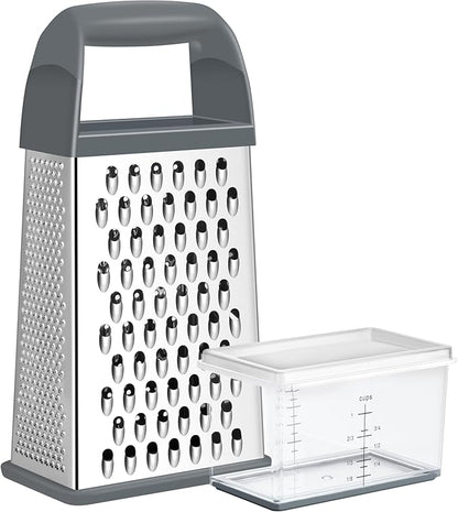 Urbanstrive Cheese Grater With Container, Professional Cheese Grater with Handle, Stainless Steel Graters for Kitchen Handheld, Box Grater with 4 Sides for Vegetables, Ginger, Potatoes (Grey)