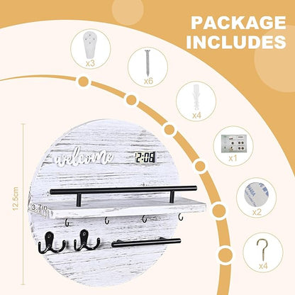 Key Holder for Wall, Round Wooden Rustic Key and Mail Organizer for Wall - Key Holder Wall Mount for Entryway, Mudroom, Hallway, Kitchen, Office - Home Decor (Pale White)