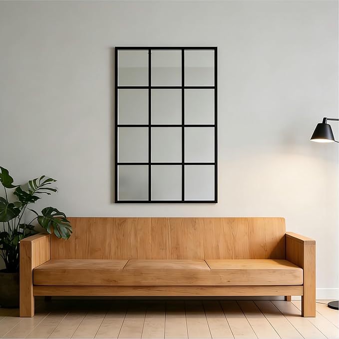 Metal Window Mirror Oversize, 47'' x 32'' Large Decorative Wall Mirror, Mirror Window for Wall Decor, Grid Wall Mirror for Living Room, Bedroom, Entryway, Matte Black