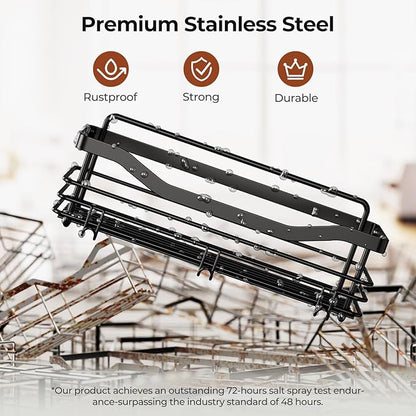 Orimade Adhesive Shower Caddy Shelf with 5 Hooks Organizer Storage Rack Rust Resistant Wall Mounted Stainless Steel No Drilling for Bathroom, Toilet, Kitchen - 2 Pack,Black