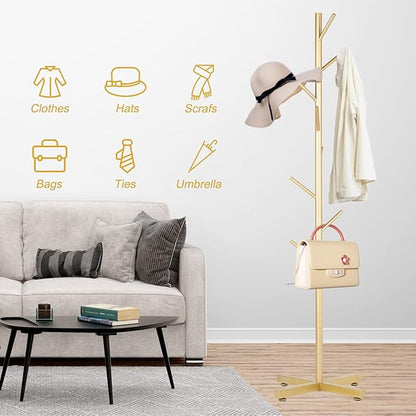 Metal Coat Rack, Modern Coat Rack Freestanding, Sturdy Coat Tree Stand with Cross Base, Golden Coat Racks Hall Tree for Clothes Jacket Hat Bag Entryway