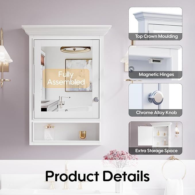 WELLFOR 24"x 32" Wall Mounted Wood Medicine Cabinet with Mirrors for Bathroom, 3-Tier Shelves and External Storage, Solid Wood Medicine Cabinet with Mirror, Anti-Fog Glass Mirror Cabinet