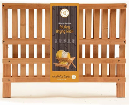 Bambüsi Dish Drying Rack - Collapsible Bamboo 2 Tier Foldable Wooden Dish Drainer for Countertop, Plates Cups Bowls Utensils - Eco Friendly Folding Bamboo Dish Rack for Kitchen Apartment RV Home Small