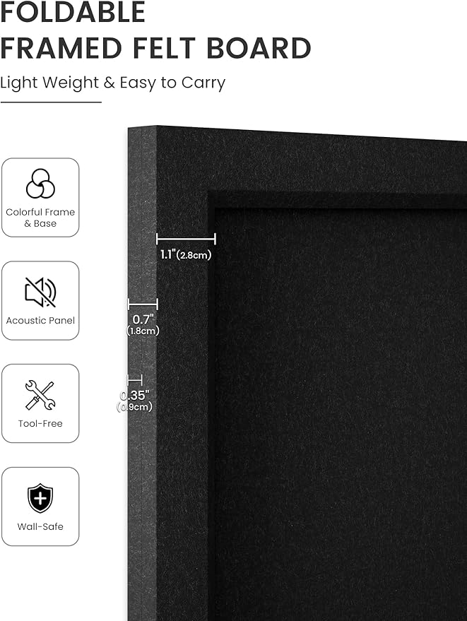 Fluxynara Foldable Cork Board Alternative, Felt Bulletin Board 24" x 18" Black Frame with 16 Adhesive Tabs, Pin Board for Home Office, Classroom, Entryway, Kitchen Wall Decor—Black