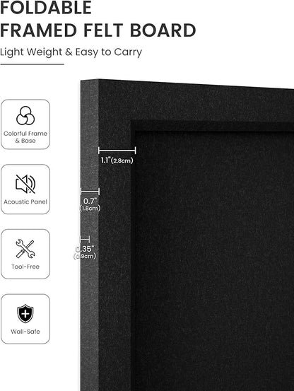 Fluxynara Foldable Cork Board Alternative, Felt Bulletin Board 24" x 18" Black Frame with 16 Adhesive Tabs, Pin Board for Home Office, Classroom, Entryway, Kitchen Wall Decor—Black