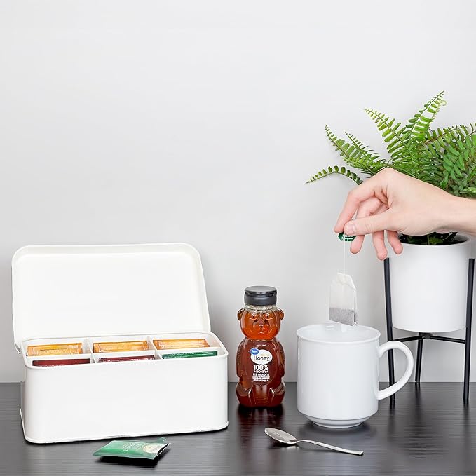 AuldHome Design Farmhouse Tea Bag Box (White), Vintage Retro Style Enamelware Tea Storage Tin