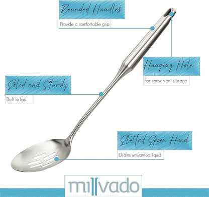Stainless Steel Slotted Cooking Spoon, 15 Inch Large Metal Chef Strainer Utensil For Cooking, Serving, And Mixing, The #1 Dishwasher Safe Kitchen Tool, Long Spoon With Holes
