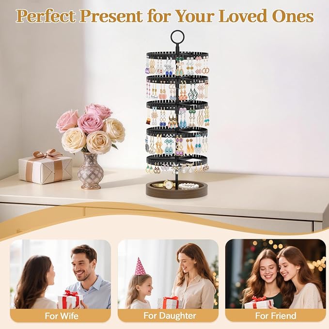 MODOWEY 5 Tier Rotating Earring Holder Organizer Display Tree with Wooden Tray, Adjustable Plastic Stand with 285 Slots for Stud Hoop Hanger, Large Capacity Storage Rack for Women Space Saving, Black