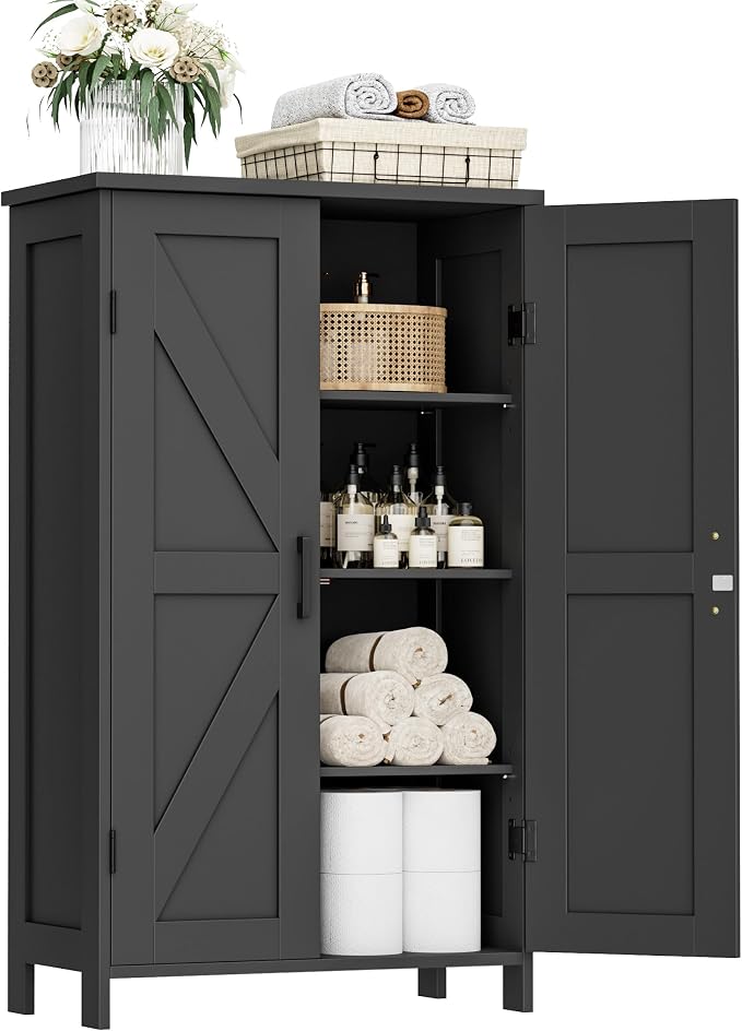 Homleke Farmhouse Bathroom Cabinet with Adjustable Shelves, Free-Standing Storage Cabinet with Barn Doors, for Kitchen, Living Room, Dining Room, Entryway, Black