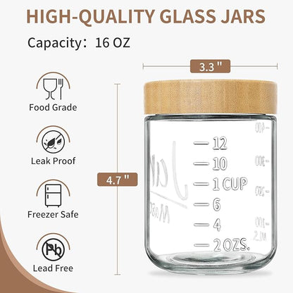 Xyptorix Glass Overnight Oats Containers with Lids (4-Pack), 16 oz Mason Jars with Bamboo Lids for Meal Prep, Chia Seed Pudding, Yogurt & Oatmeal - Airtight Food Storage Jars for Breakfast On-the-Go
