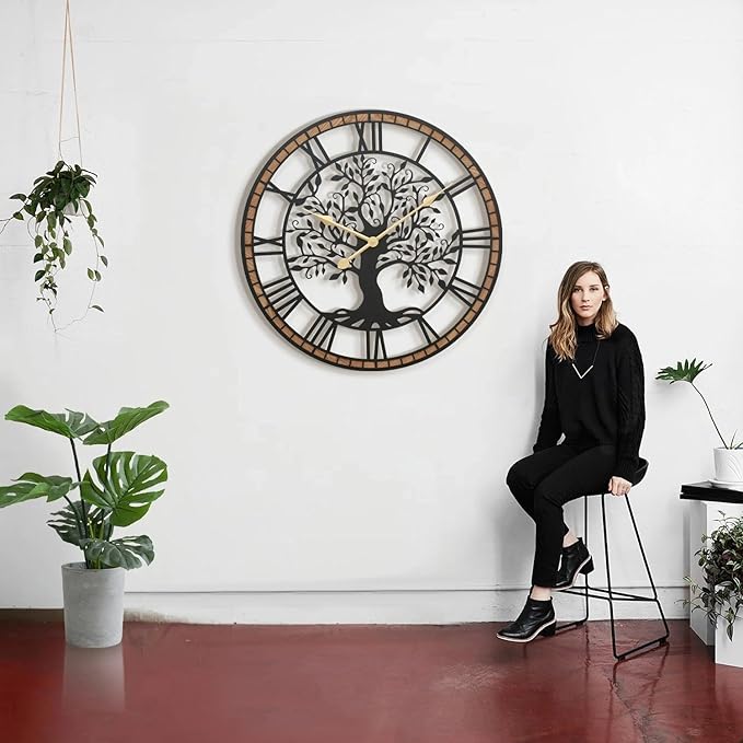 Micasso Non-Ticking Oversize Wall Clock: 38Inch Tree of Life Metal with Solid Wood Frame - Silent Battery Operated Clock for Living Room/Fireplace/High-Ceiling - Home Decor for Homemakers
