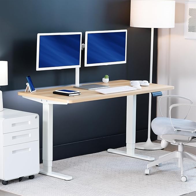 VIVO Electric 60 x 24 in Dual Motor Sit Stand Desk, Memory Height Adjustment, 2B Series, Light Wood Top White Frame, DESK-KIT-2W6C