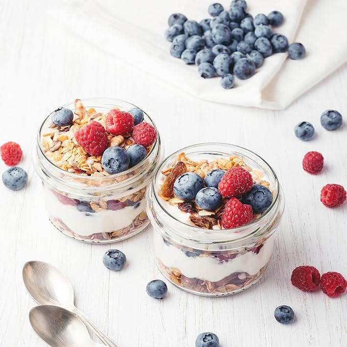 SHOWIN Overnight Oats Containers with Lids, 10oz Glass Jars with Lids 4 pcs, Candy, Wide Mouth Mason jars for Salad, Yogurt, Snacks, Meal Prep