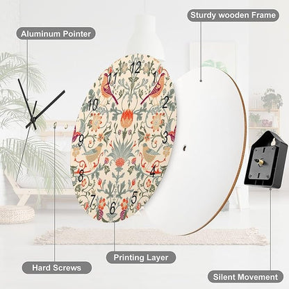 William Morris Wall Clock, Vintage Art White Rustic Floral Botanical Bird Round Clocks Wall Decor Silent No Ticking 12 Inch Wooden Clock for Bedroom Living Room Home Office
