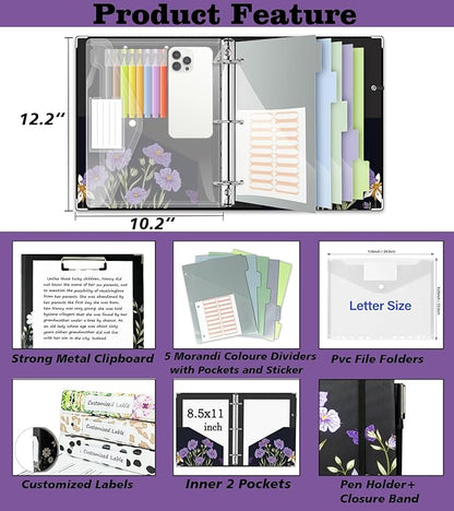 3 Ring Binder 1 Inch, Three Ring Binders Organizer with Clipboard, 5-Tabs Pockets Dividers, Plastic Folder, 18 Divider Stikers, BVSSX Pretty Binder with Pen Loop (Black Weeds, Letter Size)