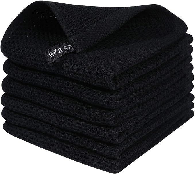 Homaxy 100% Cotton Waffle Weave Kitchen Dish Cloths, Ultra Soft Absorbent Quick Drying Dish Towels, 12 x 12 Inches, 6-Pack, Black
