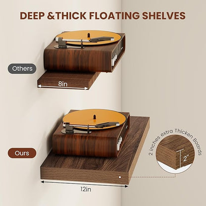 Vivelove Wide Floating Shelves for Wall 12 Inch Deep, 55" X 12" X 2" Floating Shelf, 2 Inch Thick Shelf for Living Room Bathroom Bedroom Kitchen Book Room, Rustic Farmhouse Decor Set of 2, Walnut