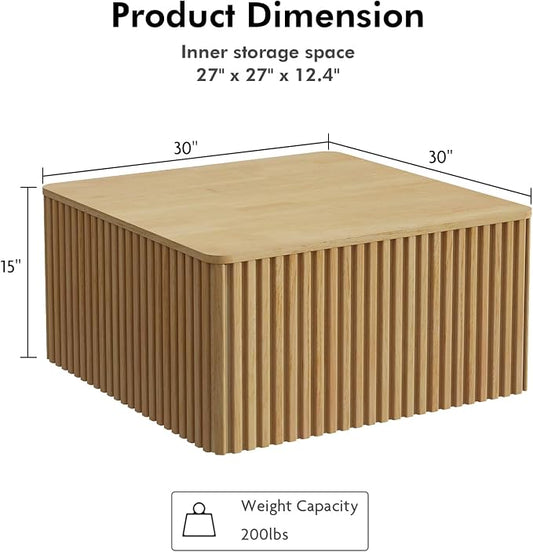 Fluted Square Coffee Table with Storage-Large Wood Center Table with Solid Wood Veneer Top, Mid Century Modern Low Coffee Table for Living Room, Natural