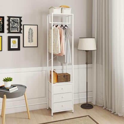 YMYNY Coat Racks, Clothes Rack with Drawers, Freestanding Tall Closet Organizer with 3 Fabric Drawers, Clothes Stand for Hanging Shirts, Coat,15.35" L×11.41" W×70.47" H, White UHGR001W