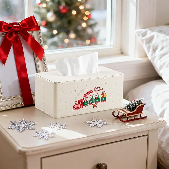 Square Christmas-Themed Tissue Box Cover with A Magnetic Bottom,A Stylish Leather-Decorated Tissue Holder for Living Rooms, Bedrooms, and Office Desks (White Rectangle)