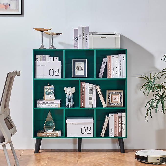 LEYAOYAO 8 Cube Bookshelf,3 Tier Bookcase with Legs,Dark Green Mid-Century Modern Bookshelves,Large Open Storage Organizer Shelf, Wooden Book Case