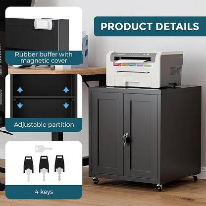 Large Printer Stand with Storage and Lock, 3D Heavy-Duty Printer Cabinet, Printer Table for Home Office with Doors and Adjustable Shelves, for Office Copier and Fax Machine, Black