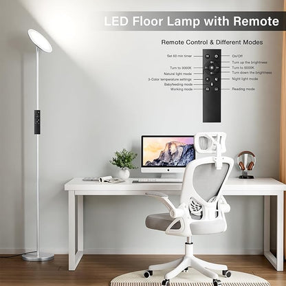 Modern LED Floor Lamp - Remote & Touch Control, 36W/1500LM Sky Torchiere Standing Lamp, Fully Dimmable, 3 Color Temperatures, Ideal for Living Room & Bedroom, Easy to Assemble(Grey)