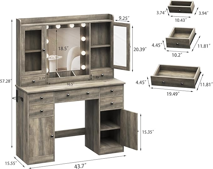 Vanity Desk with Mirror and Lights, Grey Vanity with Lighted Mirror & Power Outlet and 7 Drawers, 3 Color Modes Adjustable, Makeup Dressing Table Set with Lights for Girls Women
